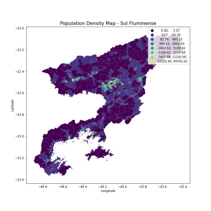 Population density map of Sul Fluminense - RJ, Brazil